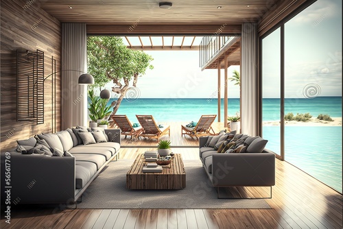 Sea view dining and living room of luxury summer beach house with swimming pool near wooden terrace. Big gray sofa in vacation home or holiday villa. Hotel interior