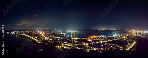 An aerial view of the ports of Harwich and Felixstowe at night in the UK
