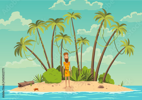 Robinson crusoe island. Man on desert island in ocean and palm coconut trees. Tropical paradise landscape, sandy beach flat cartoon illustration. Shipwrecked man