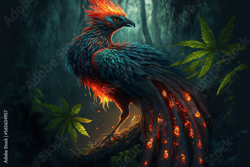 A fire phoenix is lurking behind the leaves. Generative AI. Lovely fire phoenix wallpaper.