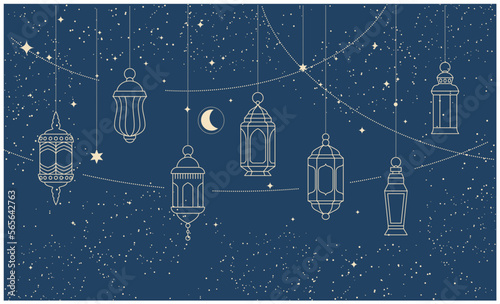 Arabic traditional Ramadan Kareem lanterns garland, muslim decoration lanterns, starry night sky and lamp lights, islamic oriental holiday, vector