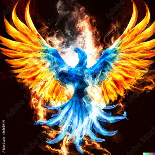 phoenix with blue wings emerging from fire , rebirth . Enlightenment and refreshment. Feeling of freedom.
