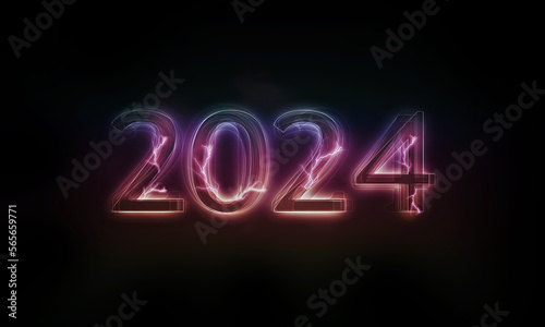rok 2024 - napis neon pokryty wyładowaniami elektrycznymi rozświetlający ciemność