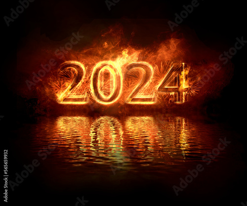 rok 2024 - napis zrobiony z ognia i fajerwerków rozświetlający ciemność odbijający się w wodzie