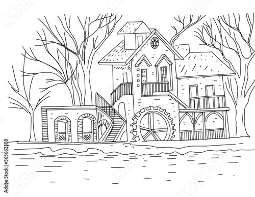Mill building on the shore coloring line graphics hand drawn background nature trees building with windows stairs and doors. black and white lines