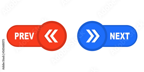 Next and previous buttons. Web buttons with arrows prev and next. Left, right, previous, next icons. Website or app ui pages changer. Stock vector illustration isolated on white background