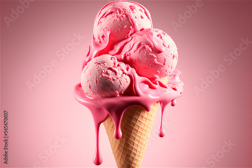 three balls of delicious strawberry ice cream in wafer cone, pink milk splash, generated arificial intelligence