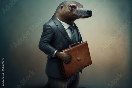  a bear in a suit holding a briefcase in its paws and wearing a suit and tie with a tie on it's head and a blue background. generative ai