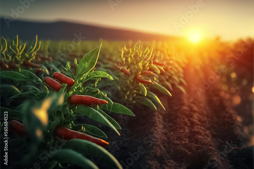 Red chili pepper agriculture harvesting. Background with a field of chili pepper plantations. Red chili pepper agriculture harvesting. generative AI