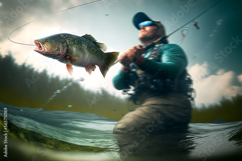 Fishing sport. Fisherman and fish trout action, underwater view. Generation AI
