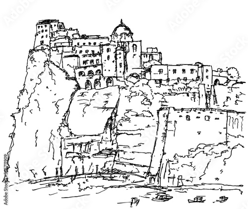 Editorial illustrative material: Landscape with of the Aragonese Castle, is a medieval castle, a rock in the sea near the island Ischia, at Naples gulf, Italy 