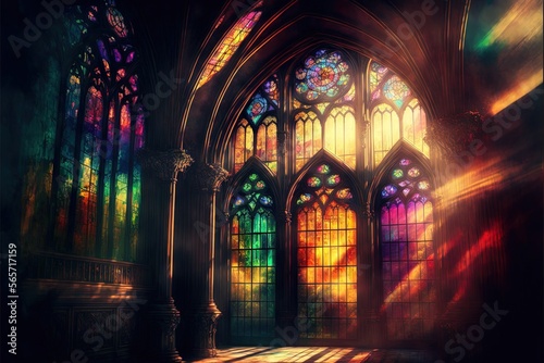  a painting of a cathedral with stained glass windows and a light beam coming from the window into the floor below it, and a light coming from the window. generative ai