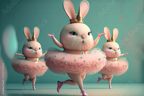 Rendered in a 3D cartoony style, a group of fluffy and adorable bunnies wearing different colored tutus and ballet slippers, while performing a ballet dance, generative ai