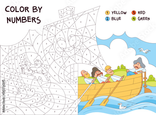 Color by numbers. Pirates sailing on a boat. Educational game for kids. Children Coloring Book. Colorful cartoon characters. Funny vector illustration