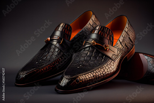Men's black crocodile leather shoes. Male black shoes. Generative AI.