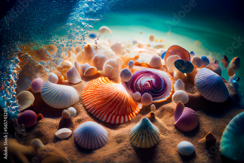 Seashells underwater background. Generative AI.
