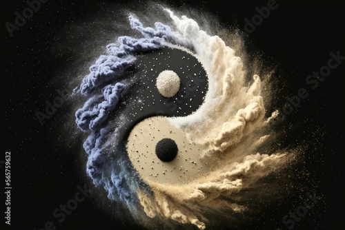 Yin Yang symbol with floating explosion powder abstract background. Generative AI