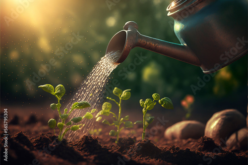 A freshly watered bed of sprouts is seen in this image, with a watering can nearby. The sprouts are vibrant and lush, a testament to the importance of providing adequate hydration for plants.