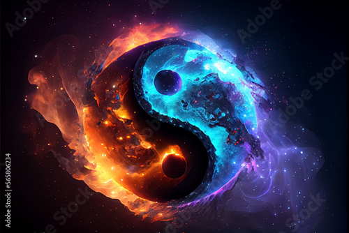 illustration of cosmic yin yang concept - tao symbol with rainbow glow. AI