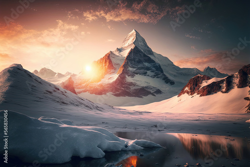 Beautiful sunset winter snowy mountain and lake landscape, Travel postcard,2023