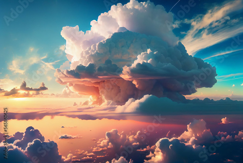 Big cumulus cloud at sunset nature background. Dramatic cloudscape backdrop. AI Generative digital art.