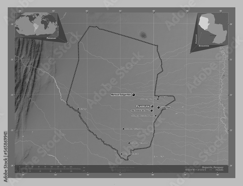 Boqueron, Paraguay. Grayscale. Labelled points of cities