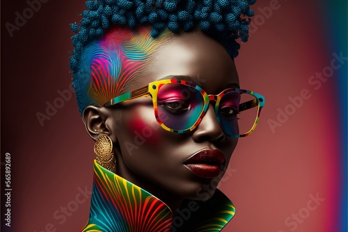Afroamerikanisches Supermodel mit Designer Kleidung und tollem Make-Up Nahaufnahme. AI generativ