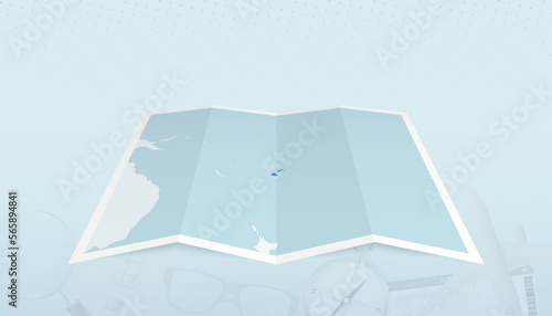 Map of Fiji with the flag of Fiji in the contour of the map on a trip abstract backdrop.