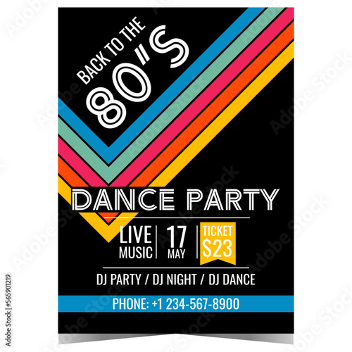 Retro dance party poster or banner. Vector design template for promotion or invitation with colored stripes on black background for eighties music party, disco dance night, retro concert 80's style.