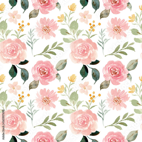 Watercolor pink rose flower seamless pattern