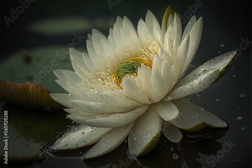 Aquatic plant, white water lily Nymphaea alba in a lake, under raindrops, created with Generative AI technology. Close-up.
