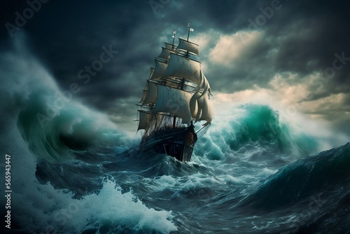 Ancien voilier pris dans une grosse tempête en plein mer - illustration ia