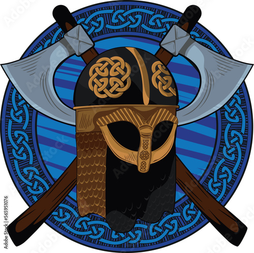 Celtic helmet. Barbarian weapon. Axe. Medieval.Vector isolated, composition.