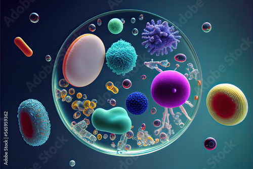 Macro shot of different types of microbes. Virus cells and bacteria on abstract background. Created with generative ai