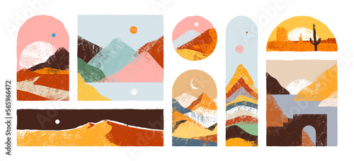 Big set of abstract mountain landscape collection. Trendy hand drawn mural art backgrounds of diverse travel scenery painting. Nature environment, coast biome, multicolor hills, desert dunes.