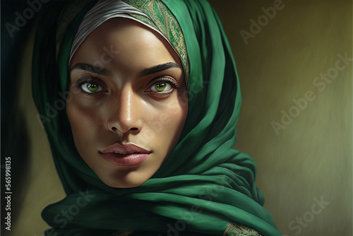 Fictional Person, muslim beautiful woman wearing a hijab in tangier, in a late afternoon, with beautiful green eyes, generated by IA