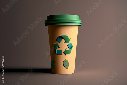  a coffee cup with a green lid and a recyclable sticker on the top of it, sitting on a table with a shadow. generative ai