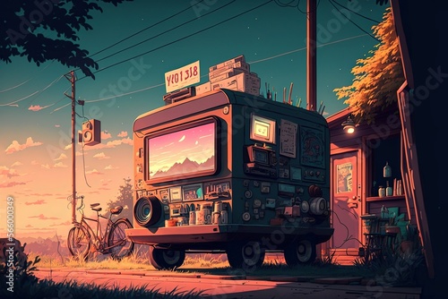 A small fantasy anime-style caravan on a grassy road with a bicycle next to it at sunset, with warm, cozy colors, generative ai