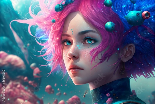 Close up of beautiful anime girl that has blue and pink hair with blue eyes. Underwater floating. Generative ai technology