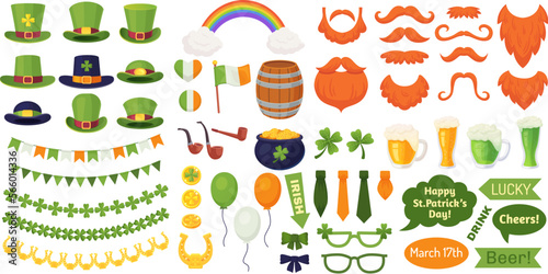 Saint patrick props. St patricks day booth elements, irish leprechaun hat costume for photobooth, ireland symbol rainbow gold pot shamrock mustache