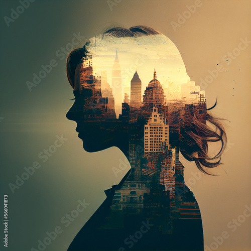 Business background, businesswoman double exposure effect and city buildings illustration