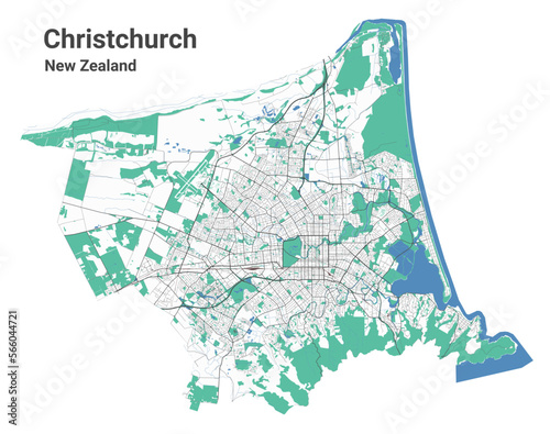 Detailed map of Christchurch city, сityscape. Royalty free vector illustration.