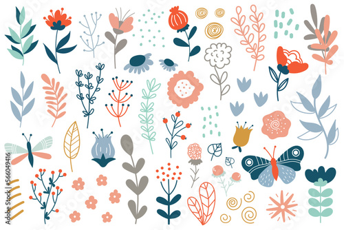 Hand drawn abstract wildflowers flowers and leaves flat icons set. Floral design with ornaments. Spring flowers blossom