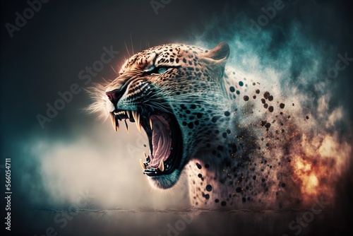 Bare teeth angry wild leopard roars in town urban background illustration generatiev ai