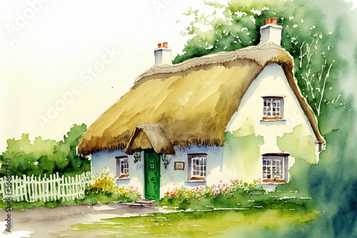 Saint Patrick's Day traditional Irish cottage with a thatched roof, watercolor, generative AI