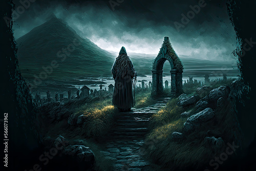 Irish landscape, old banshee woman at cemetery, dark, moody. Generative AI