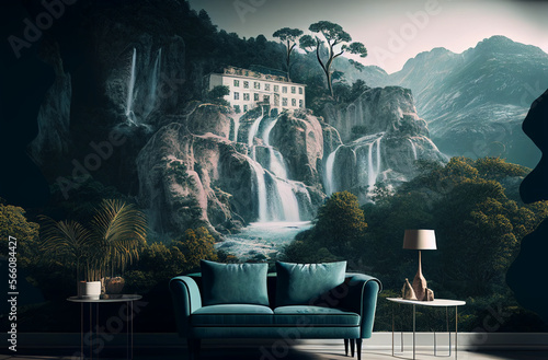 A view of cascade of waterfalls, beautiful landscape inside interior with sofa