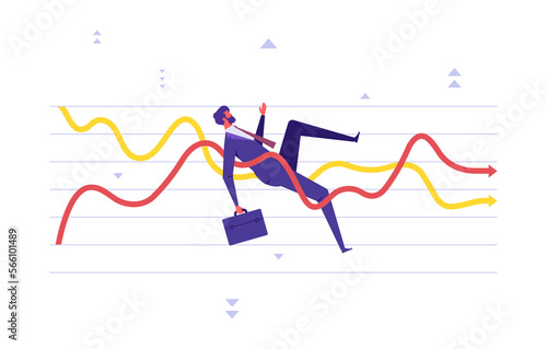 Financial investment volatility, uncertainty or change in business and stock market concept, businessman investor fall on uncertainty, volatile up and down arrow profit graph