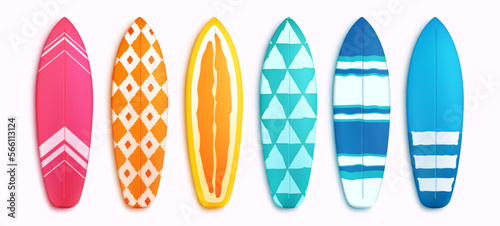 Surfing board vector set. Surfboard summer elements in colorful pattern design isolated in white background. Vector illustration summer surfing board elements collection. 