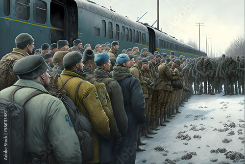 Illustration of young soldiers shipped to war by train, sombre mood, conscription and draft, going into the unknown of battlegrounds and fighting